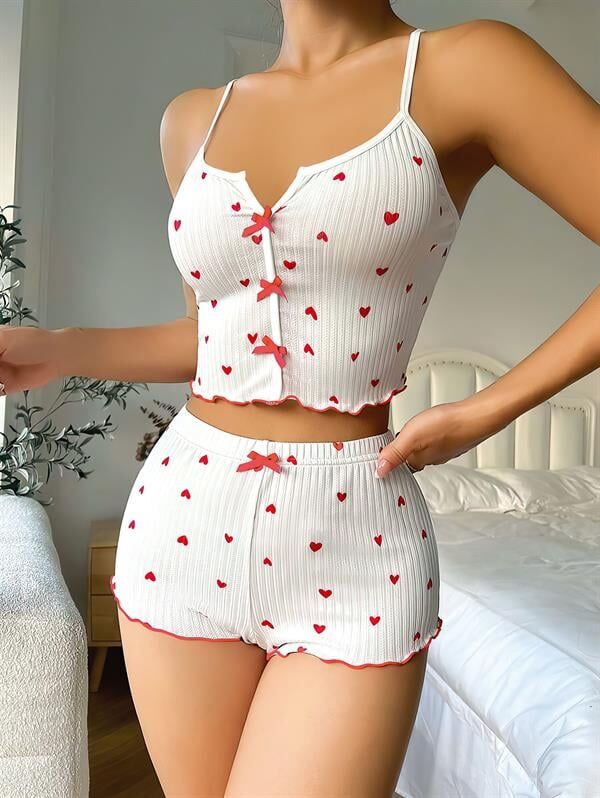 Arias Closet Beyaz Fiyonk Desenli Kalpli Askılı Şortlu Pijama Takım
