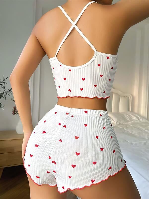Arias Closet Beyaz Fiyonk Desenli Kalpli Askılı Şortlu Pijama Takım