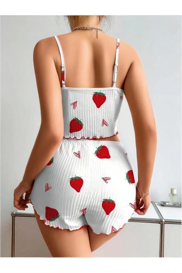 Arias Closet Penye Kumaş Çilek Desen Beyaz Şortlu Takım