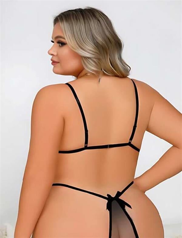 Arias Closet Büyük Beden Siyah Dantel İşlemeli Dekolteli Fantezi Babydoll