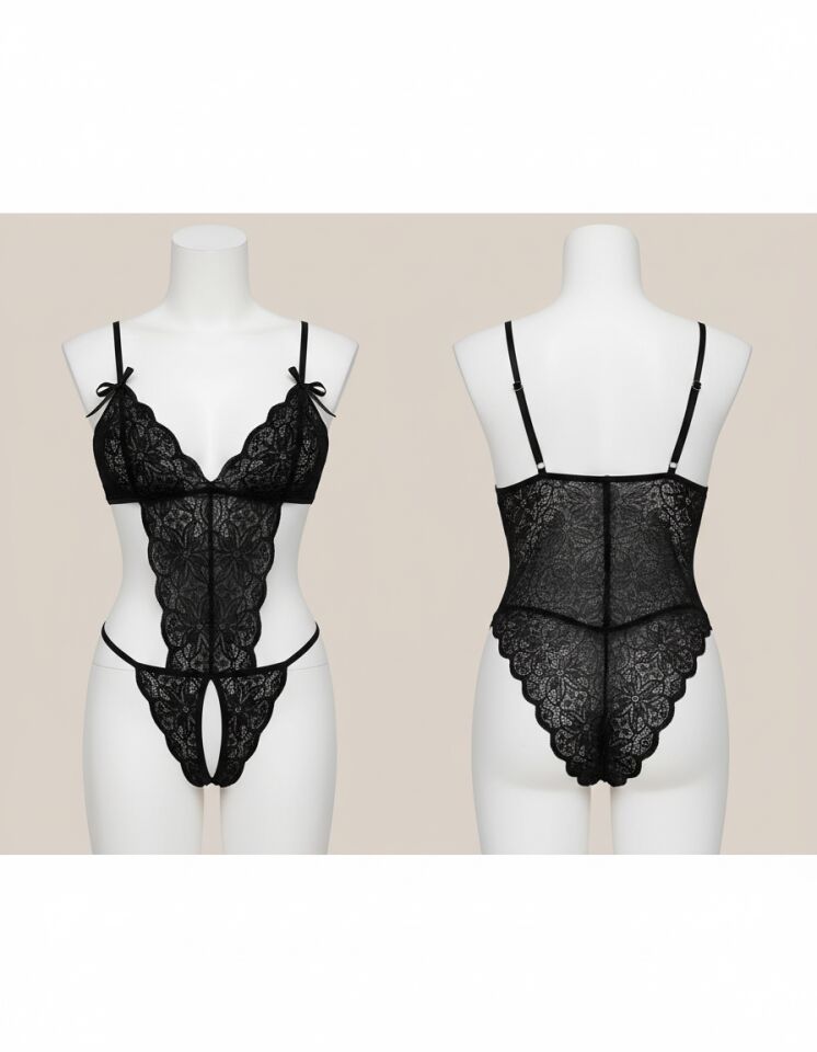 Arias Closet Büyük Beden Siyah Dantel İşlemeli Dekolteli Fantezi Babydoll