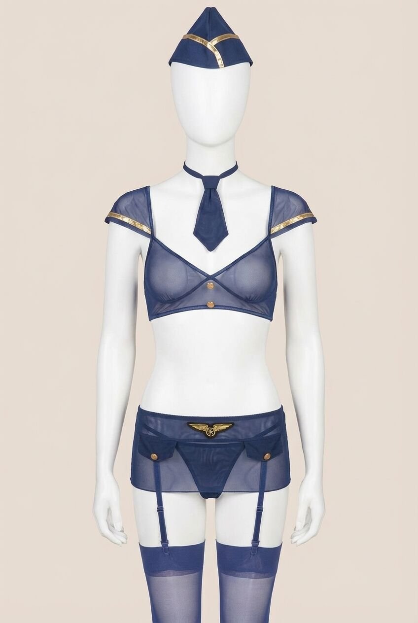 Mavi Fantezi Jartiyerli Hostes Kız Kostümü