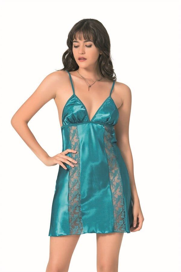 Arias Closet Petrol Kısa Saten Gecelik
