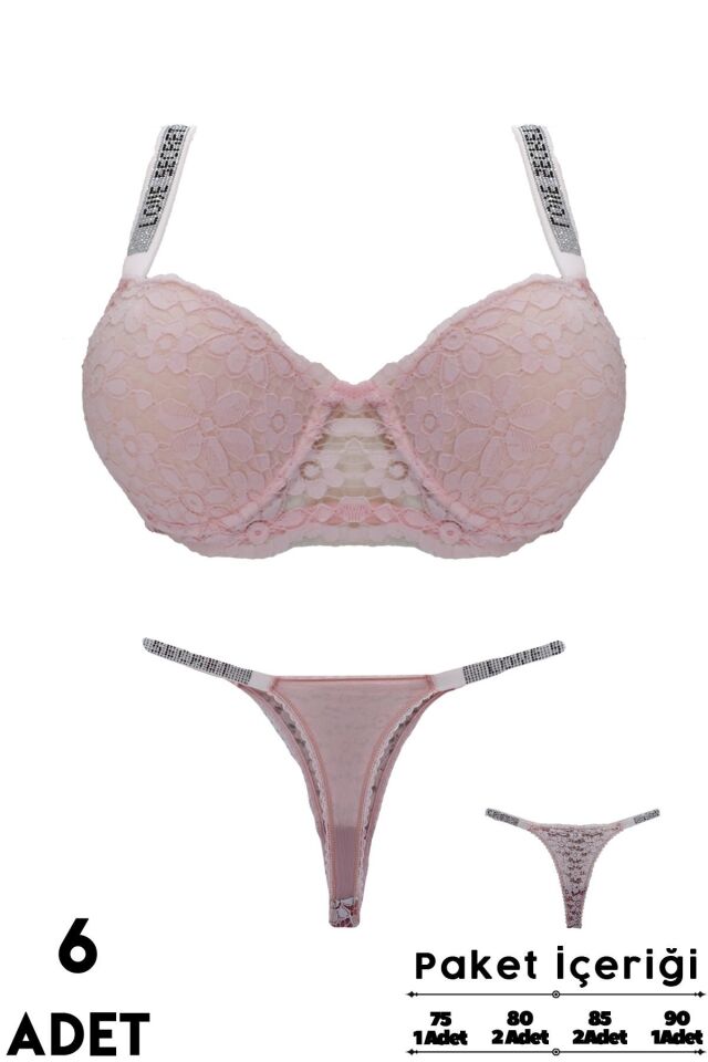 Love Secret 3-4 B Cup Balenli Destekli Taşlı Dantelli Bayan Sütyen Takım 6'lı