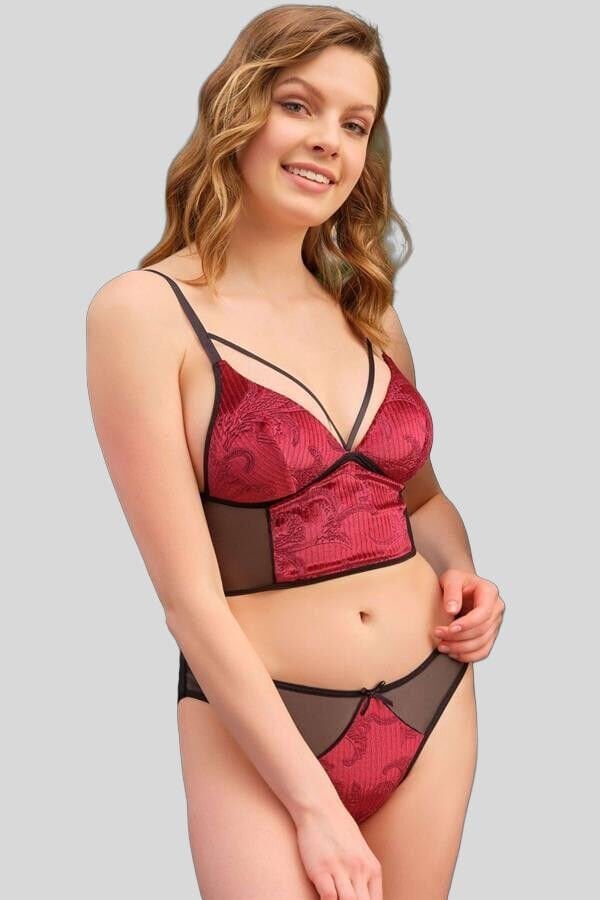 Arias Closet Desenli Kadife Balensiz Desteksiz Dolgusuz Yaka Detaylı Bralet Sütyen ve Slip Takım