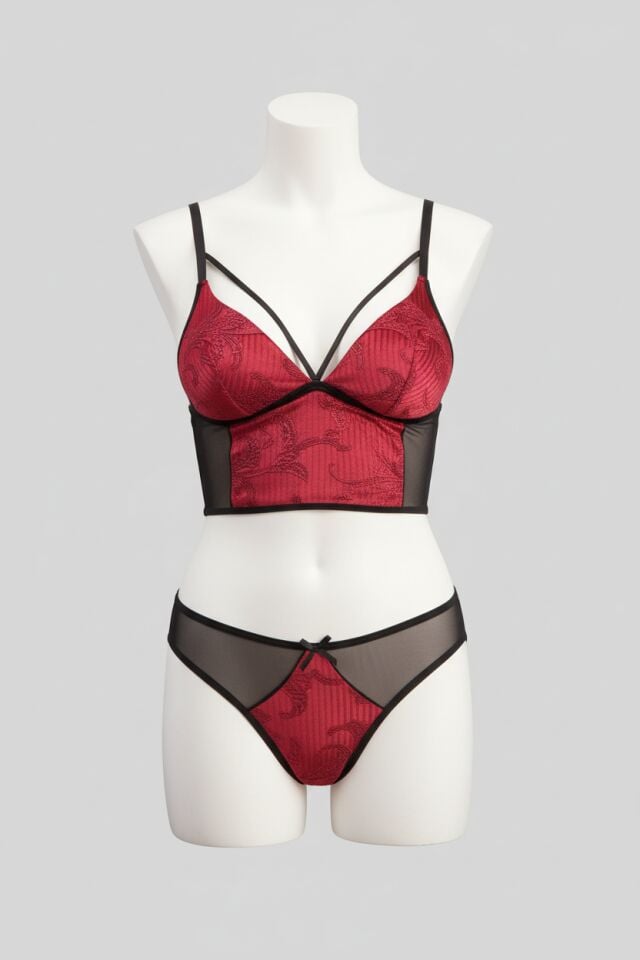 Arias Closet Desenli Kadife Balensiz Desteksiz Dolgusuz Yaka Detaylı Bralet Sütyen ve Slip Takım