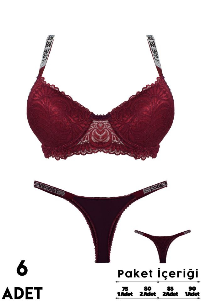 Love Secret 3-5 B Cup Balenli Destekli Taşlı Dantelli Bayan Sütyen Takım 6'lı