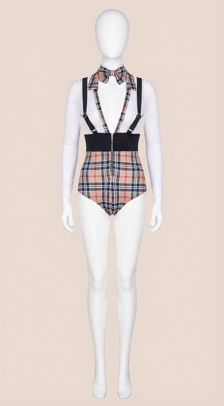 Ekoseli Papyonlu Fantezi Body Kostüm