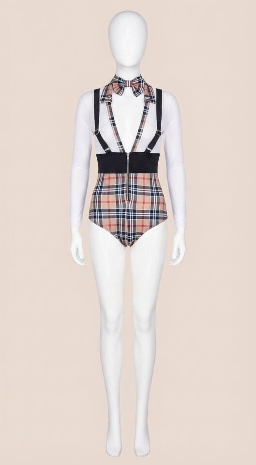 Ekoseli Papyonlu Fantezi Body Kostüm