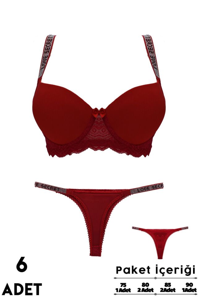 Love Secret 1-2 B Cup Balenli Destekli Taşlı Bayan Sütyen Takım 6'lı