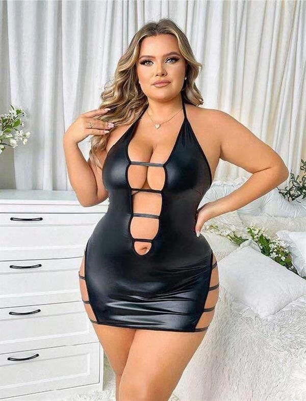 Arias Closet Büyük Beden Siyah Deri İp Detaylı Fantezi Elbise