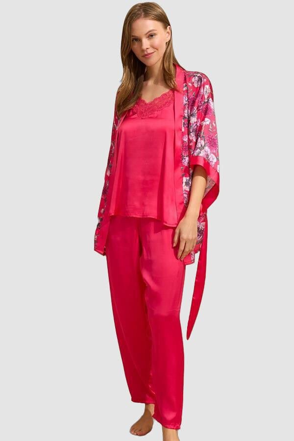 Saten Çiçek Baskılı Sabahlık Dantelli Atlet ve Pantolon Pijama 3'lü Takım
