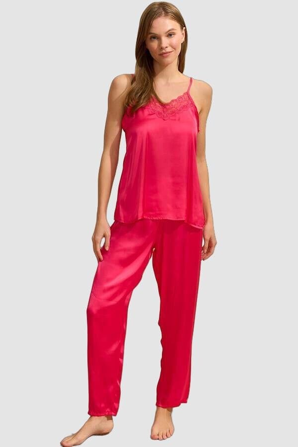 Saten Çiçek Baskılı Sabahlık Dantelli Atlet ve Pantolon Pijama 3'lü Takım