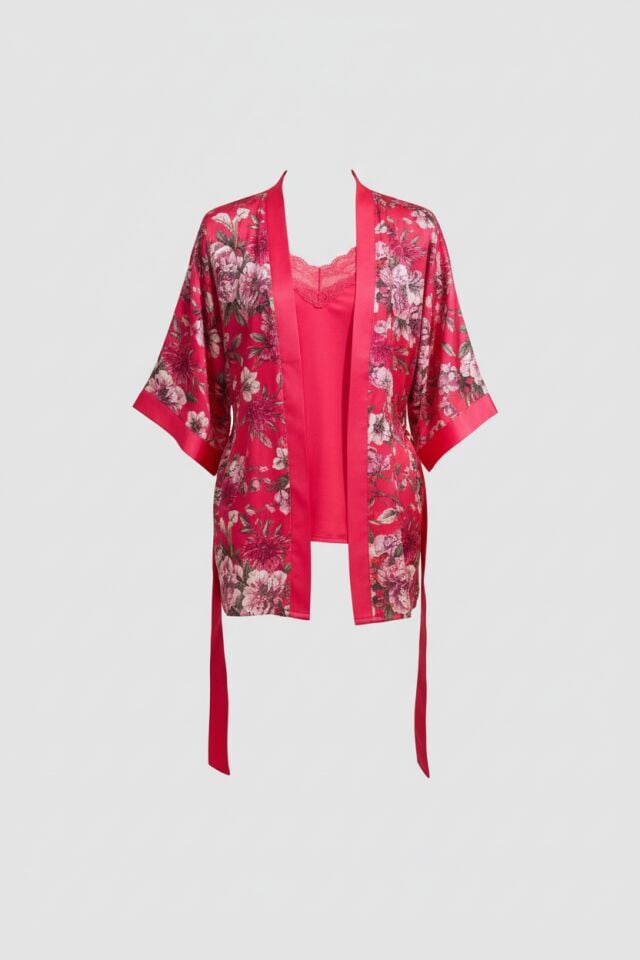 Saten Çiçek Baskılı Sabahlık Dantelli Atlet ve Pantolon Pijama 3'lü Takım