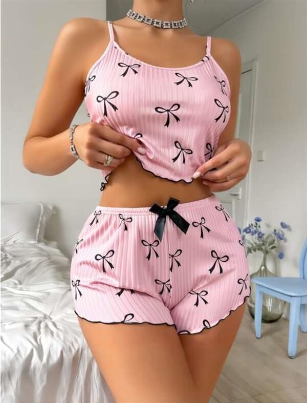 Arias Closet Pembe Üstüne Siyah Kurdela Desenli Askılı Şortlu Pijama Takımı