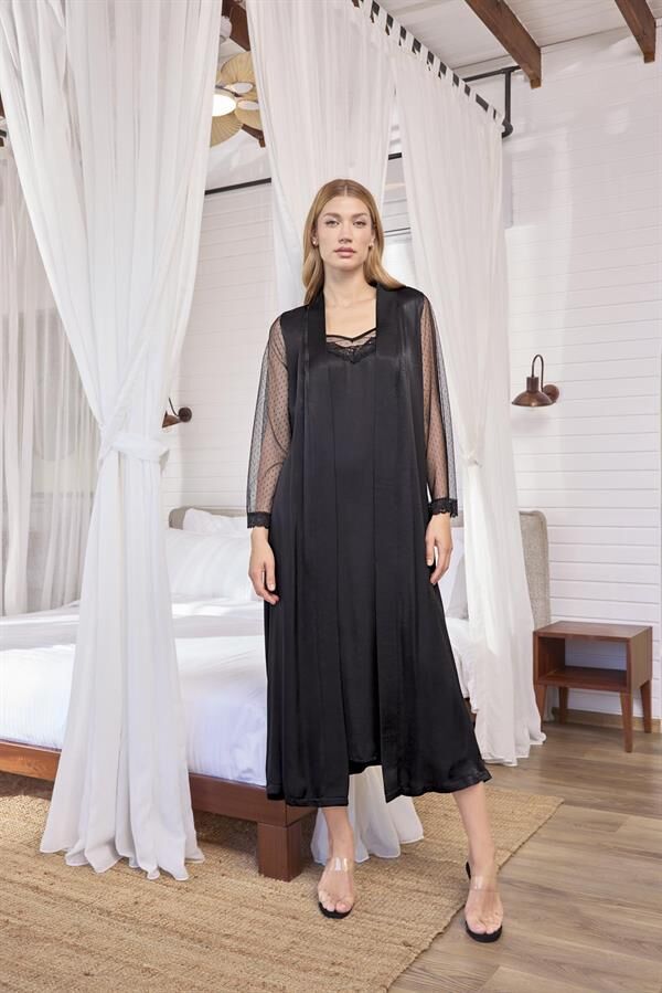 Arias Closet Dantelli Tüllü ve Dekolteli Saten Sabahlık Takımı