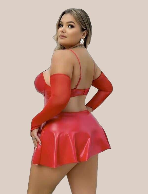 Büyük Beden Kırmızı Parlak Deri Fantezi Elbise