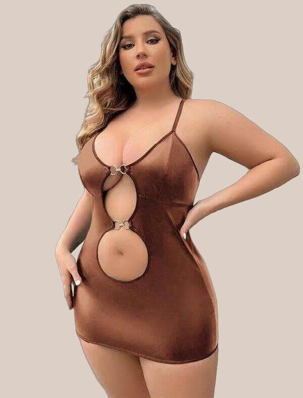 Büyük Beden Kahverengi Deri Metal Aksesuarlı Fantezi Elbise