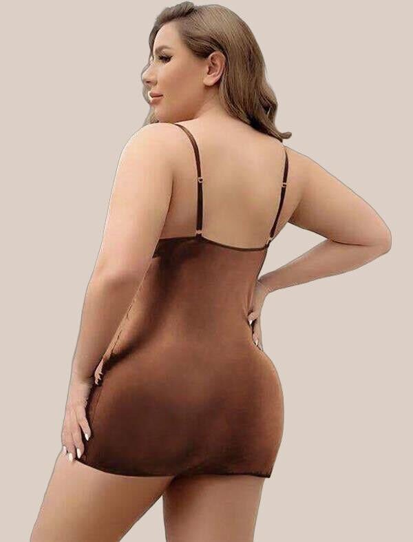 Büyük Beden Kahverengi Deri Metal Aksesuarlı Fantezi Elbise