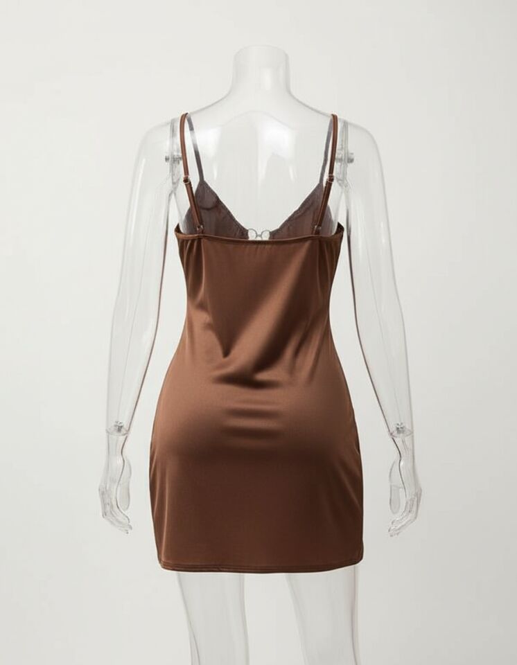 Arias Closet Büyük Beden Kahverengi Deri Metal Aksesuarlı Fantezi Elbise