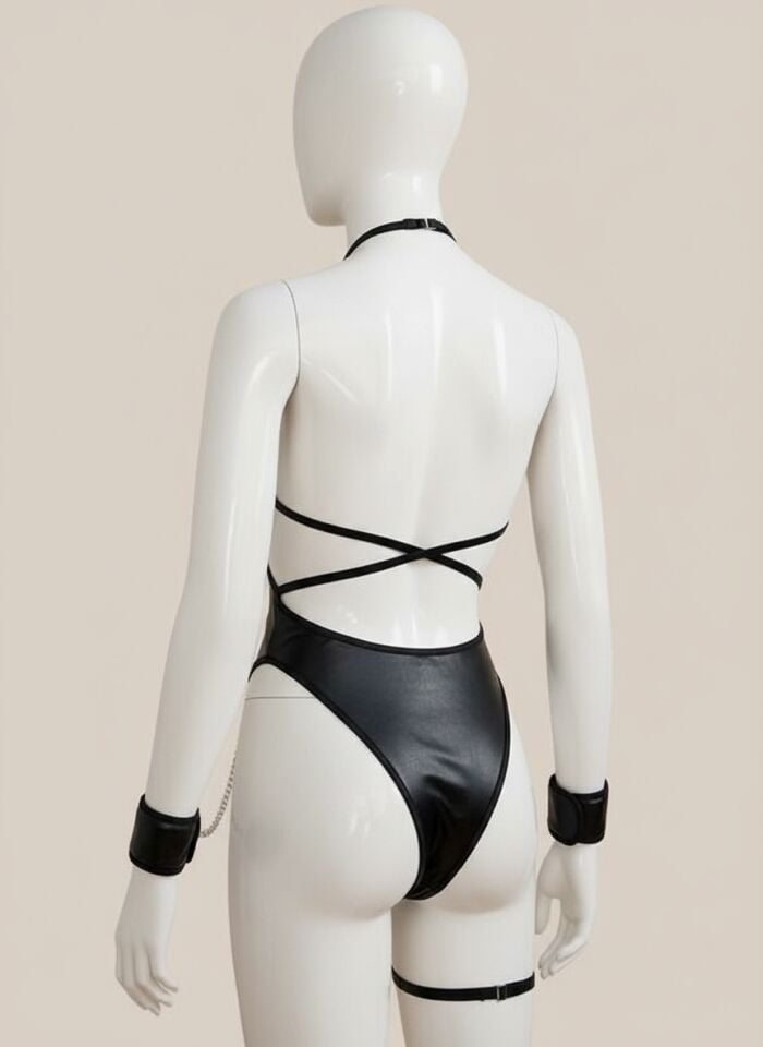 Arias Closet Zincir Detaylı Kelepçeli Fantezi Siyah Deri Body