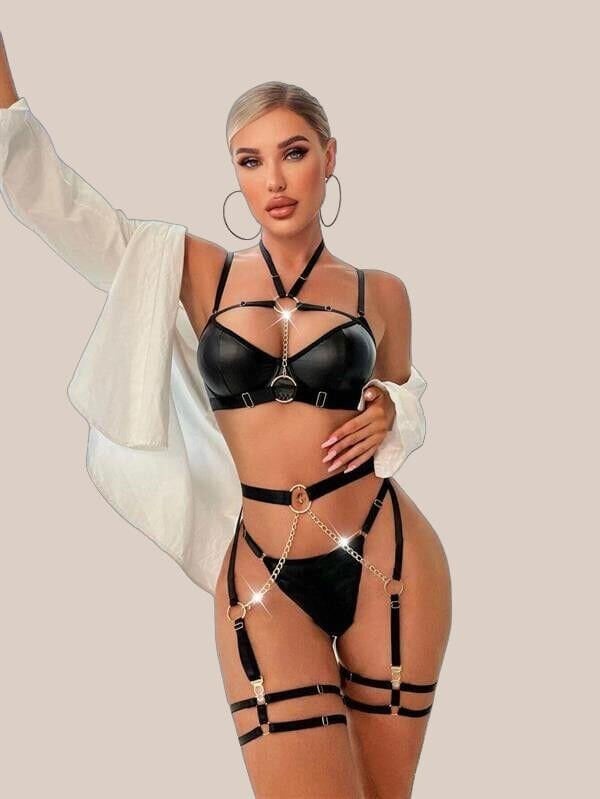 Arias Closet Zincir Detaylı Jartiyerli Fantezi Siyah Deri Takım