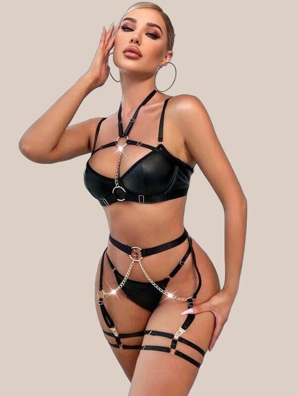 Arias Closet Zincir Detaylı Jartiyerli Fantezi Siyah Deri Takım