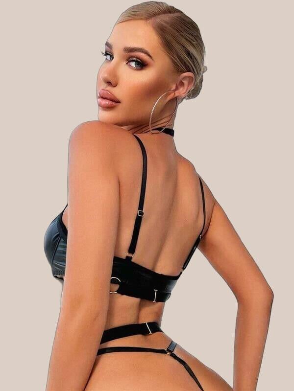 Zincir Detaylı Jartiyerli Fantezi Siyah Deri Takım