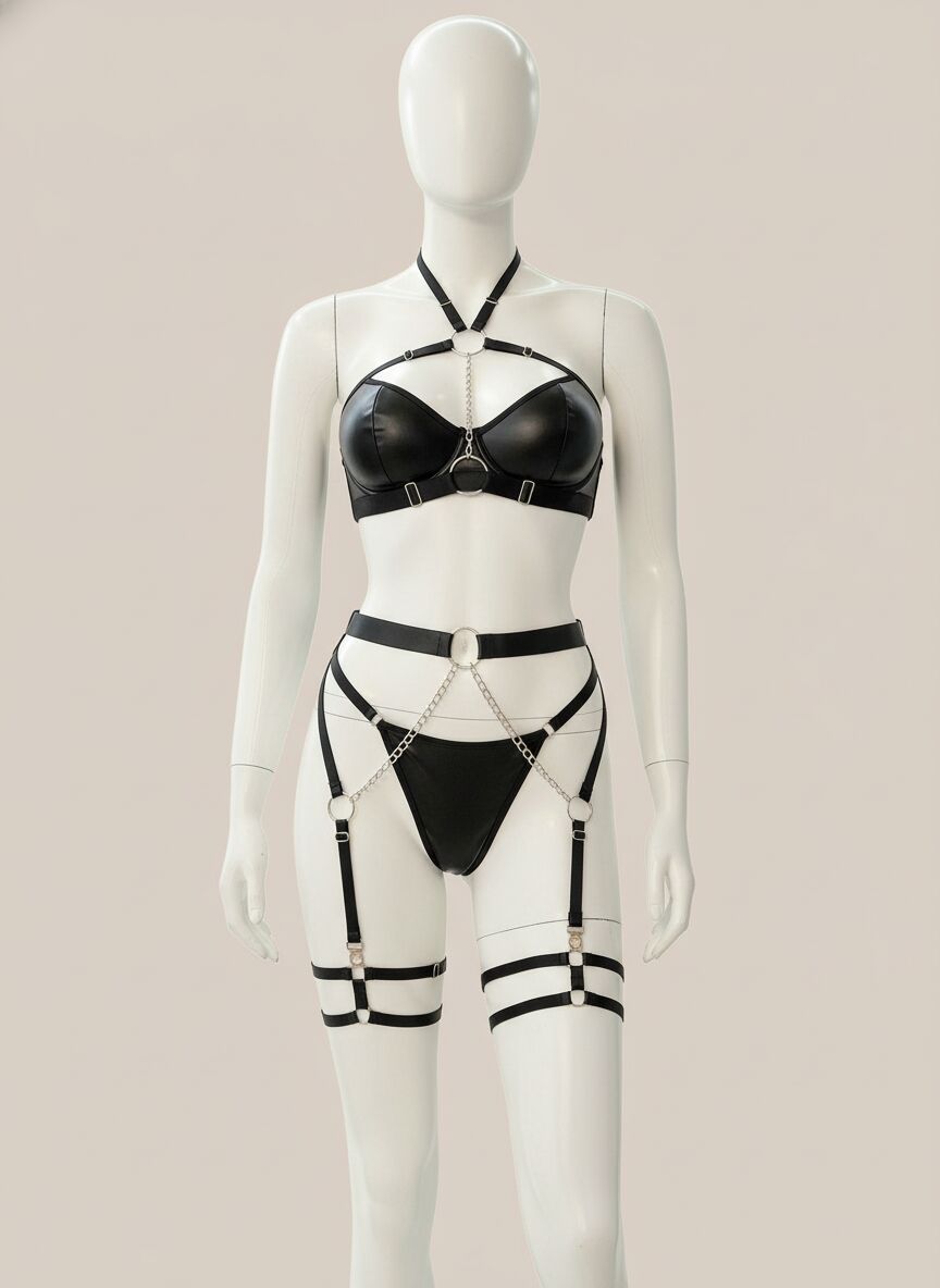 Zincir Detaylı Jartiyerli Fantezi Siyah Deri Takım