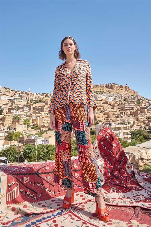 Arias Closet Etnik Desenli Saten Alt Üst Takım