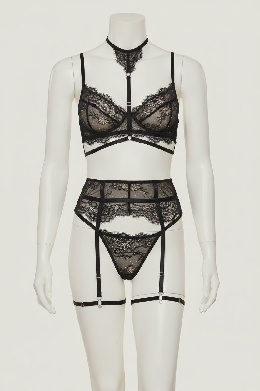 Arias Closet Siyah İp Detaylı Dantelli Jartiyerli Fantezi Takım