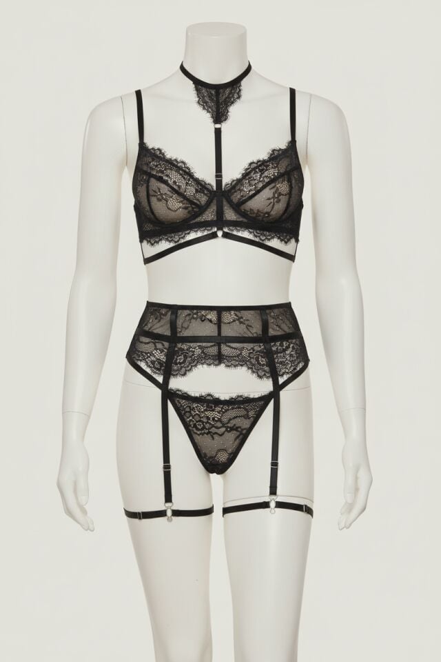 Arias Closet Siyah İp Detaylı Dantelli Jartiyerli Fantezi Takım