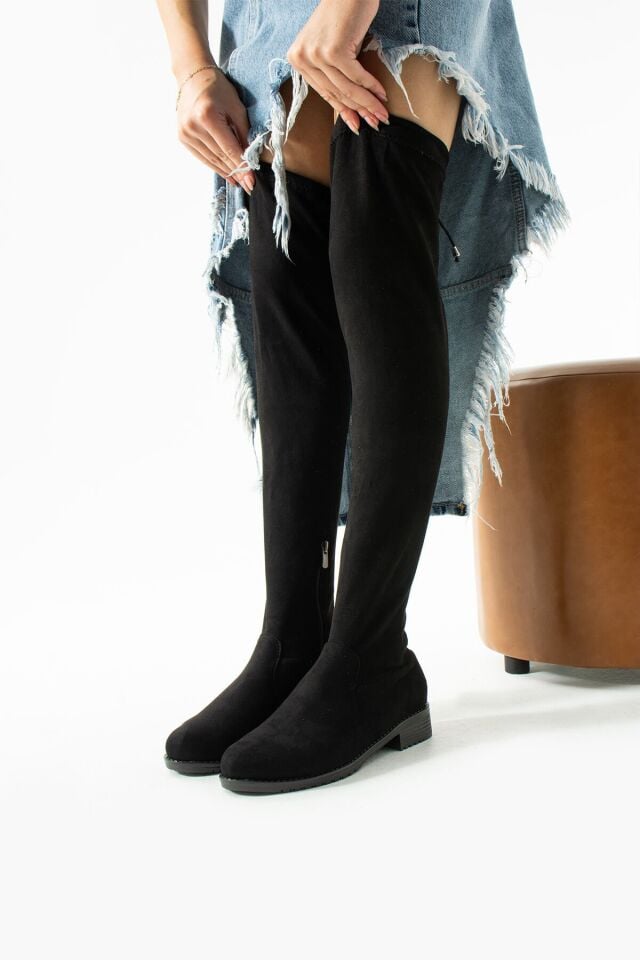 SÜET Kadın Siyah Topuklu Çizme