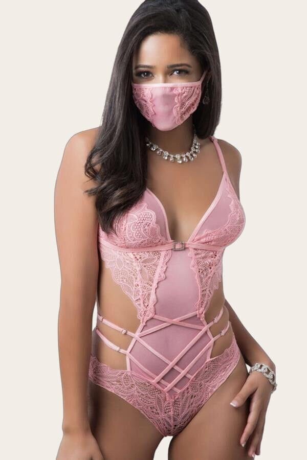 Arias Closet Pembe Dantel İşlemeli Maskeli Fantezi Body