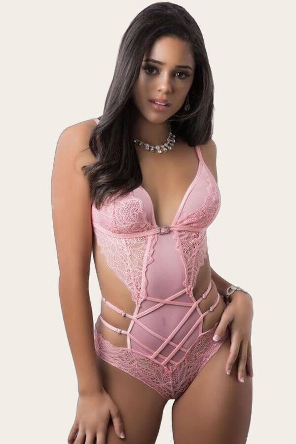 Arias Closet Pembe Dantel İşlemeli Maskeli Fantezi Body