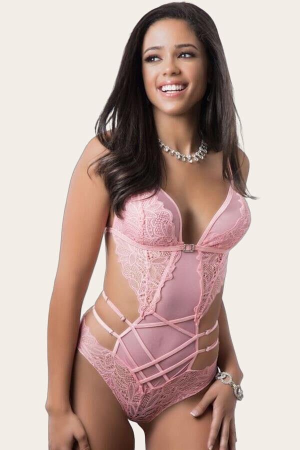 Pembe Dantel İşlemeli Maskeli Fantezi Body