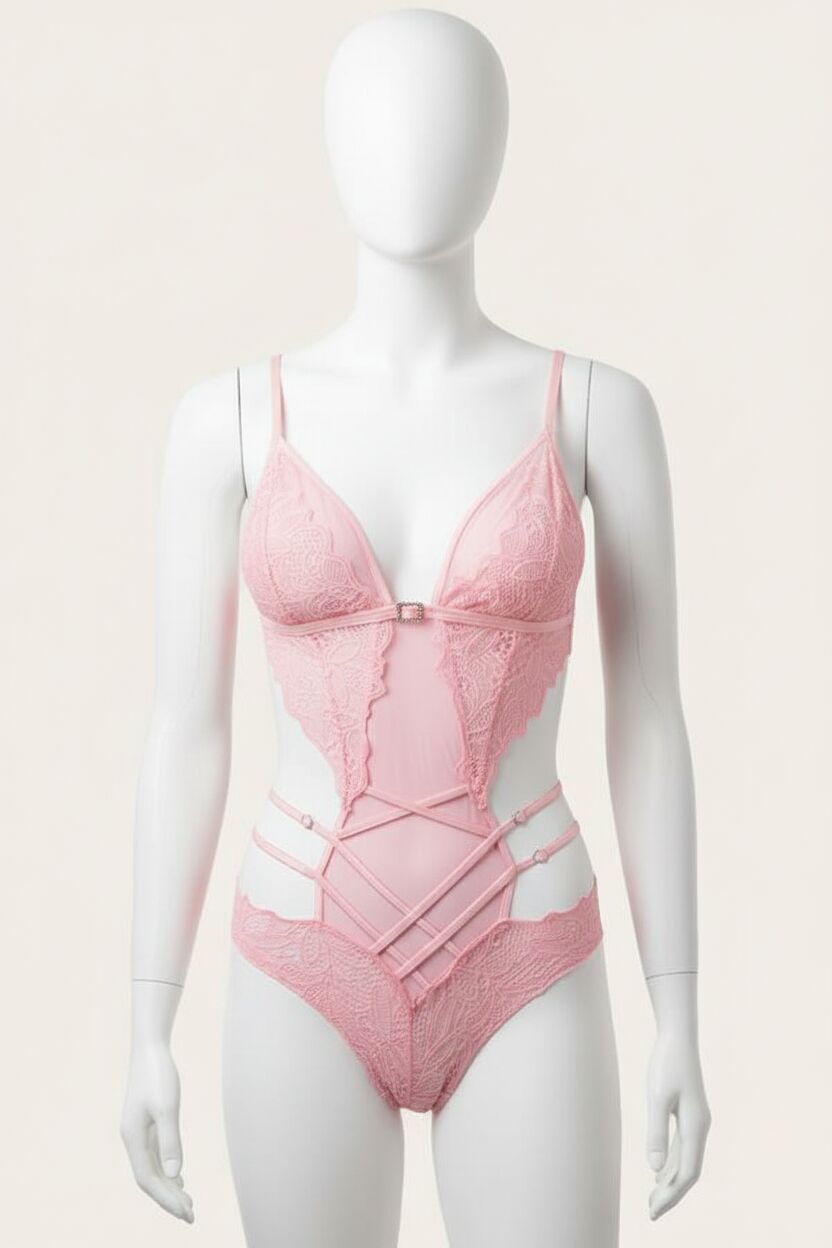 Pembe Dantel İşlemeli Maskeli Fantezi Body