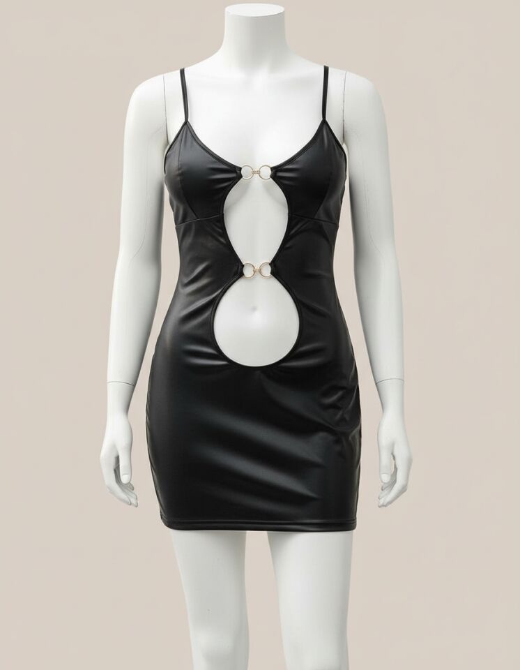 Arias Closet Büyük Beden Siyah Deri Metal Aksesuarlı Fantezi Elbise