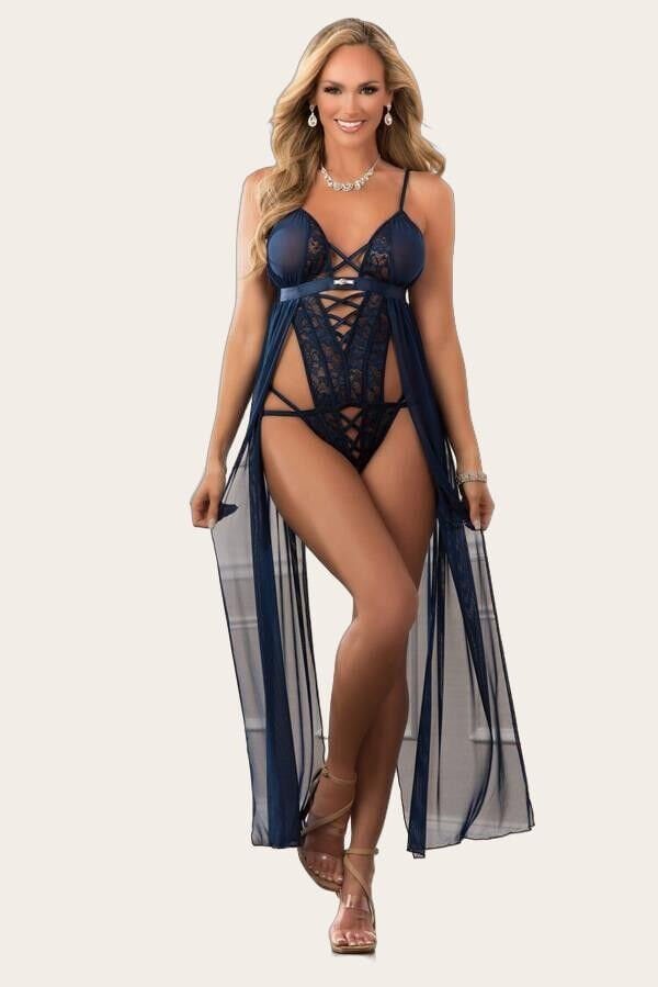 Arias Closet Lacivert Dantel İşlemeli Tül Pelerinli Fantezi Body