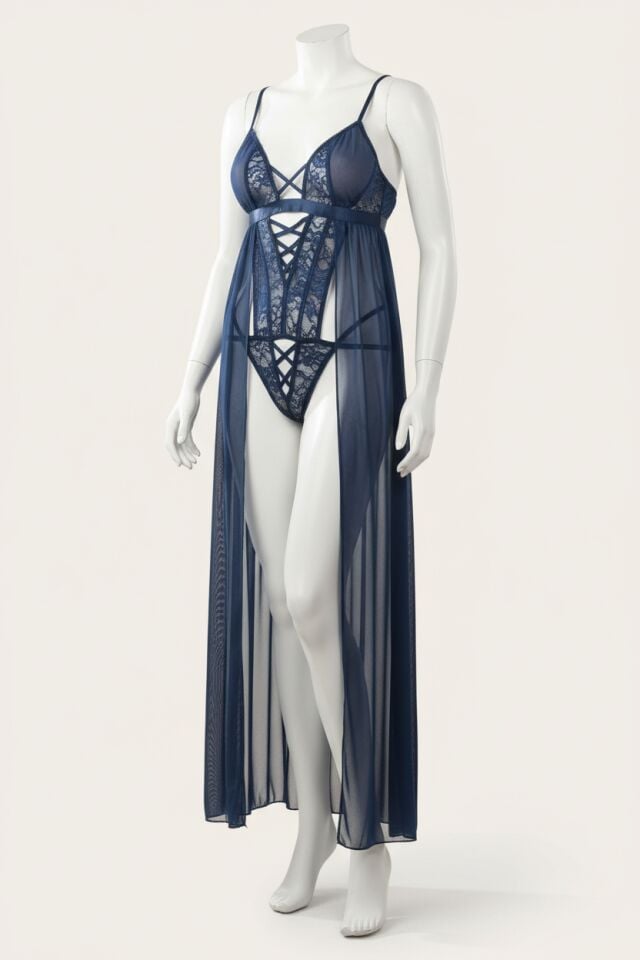 Arias Closet Lacivert Dantel İşlemeli Tül Pelerinli Fantezi Body