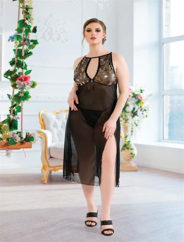 Arias Closet Büyük Beden Siyah Tül Fantezi Uzun Yırtmaçlı Gecelik
