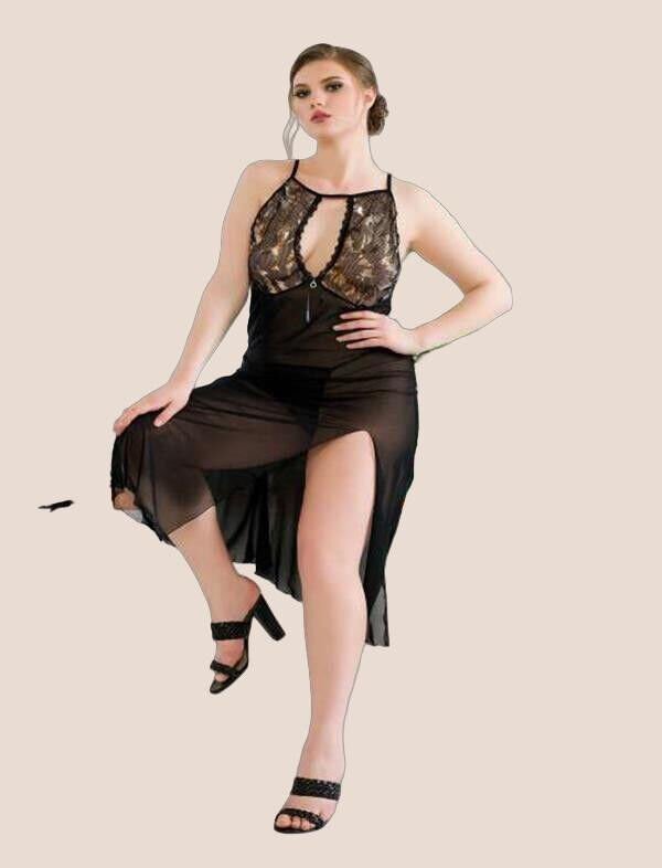 Büyük Beden Siyah Tül Fantezi Uzun Yırtmaçlı Gecelik