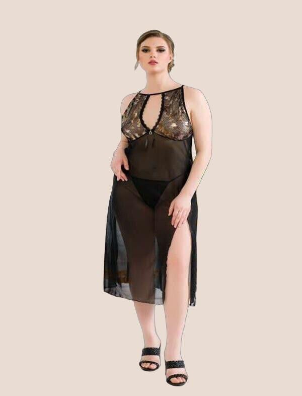 Büyük Beden Siyah Tül Fantezi Uzun Yırtmaçlı Gecelik