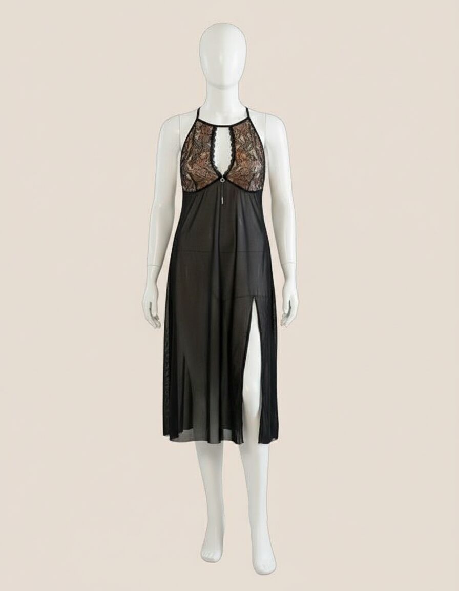 Arias Closet Büyük Beden Siyah Tül Fantezi Uzun Yırtmaçlı Gecelik