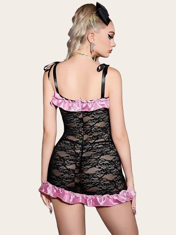 Arias Closet Siyah Dantel İşlemeli Pembe Fırfır Kenarlı Fantezi Şık Gecelik