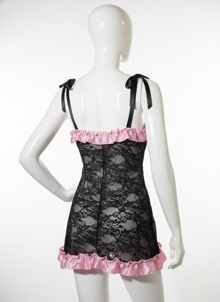 Arias Closet Siyah Dantel İşlemeli Pembe Fırfır Kenarlı Fantezi Şık Gecelik