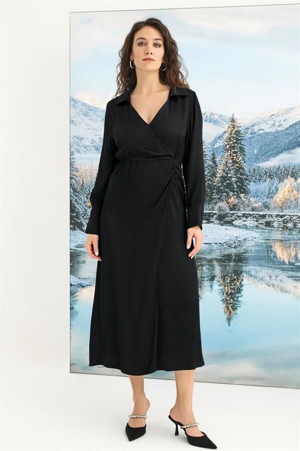 Arias Closet %100 Viskon Uzun Kollu Saten Elbise