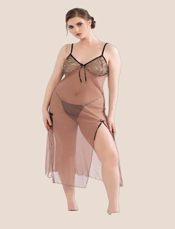 Arias Closet Büyük Beden Kahverengi Tül Fantezi Uzun Yırtmaçlı Gecelik