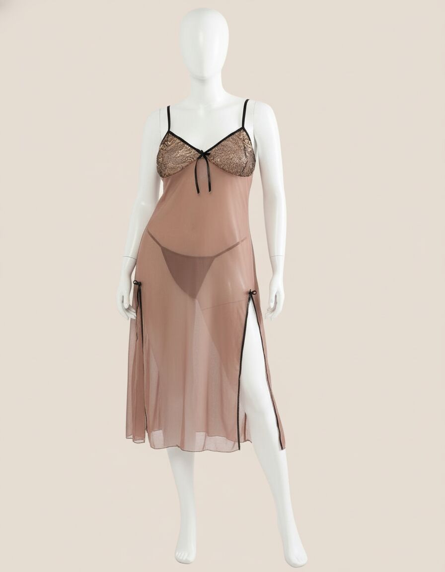 Arias Closet Büyük Beden Kahverengi Tül Fantezi Uzun Yırtmaçlı Gecelik