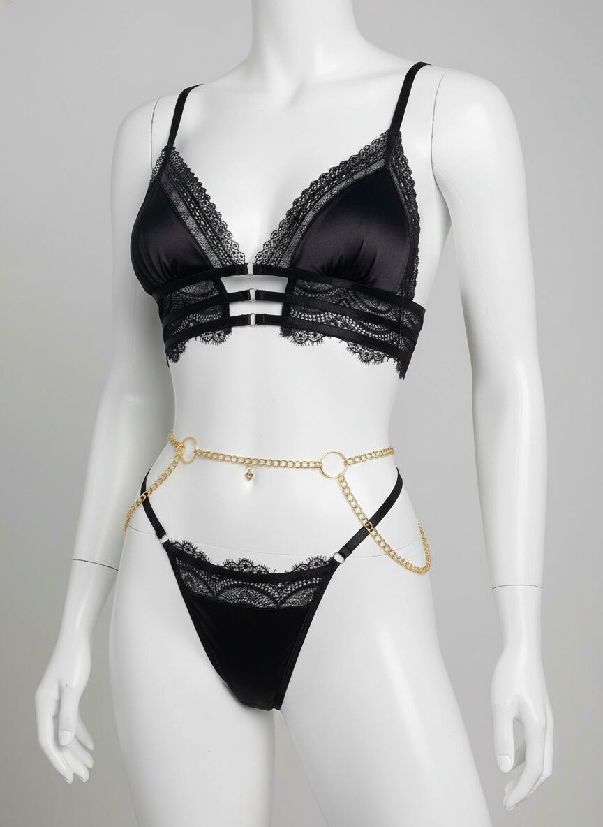 Arias Closet Siyah Zincir Detaylı Fantezi Sütyen Takımı